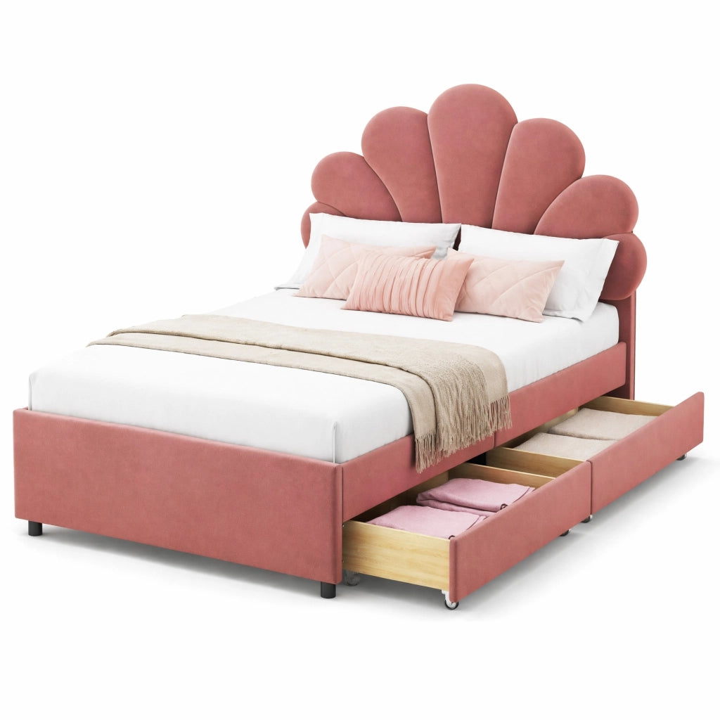 Letto imbottito per bambini 90x200 cm in velluto rosa con testiera decorativa e 2 cassetti