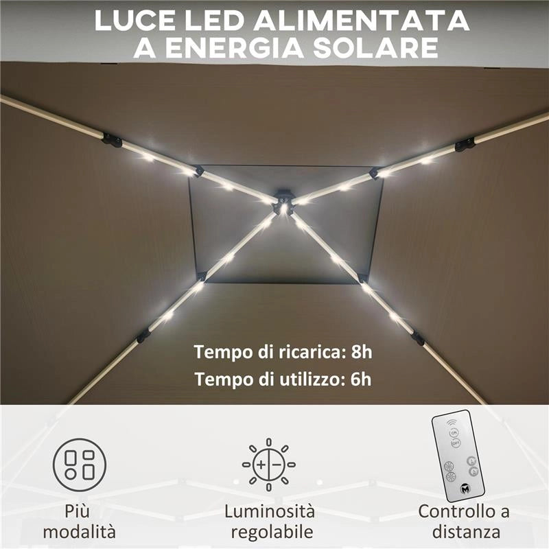 GAZEBO DA GIARDINO AD ALTEZZA REGOLABILE CON LUCI LED, IN ACCIAIO E TESSUTO OXFORD, 336X336X250-270 CM, GRIGIO
