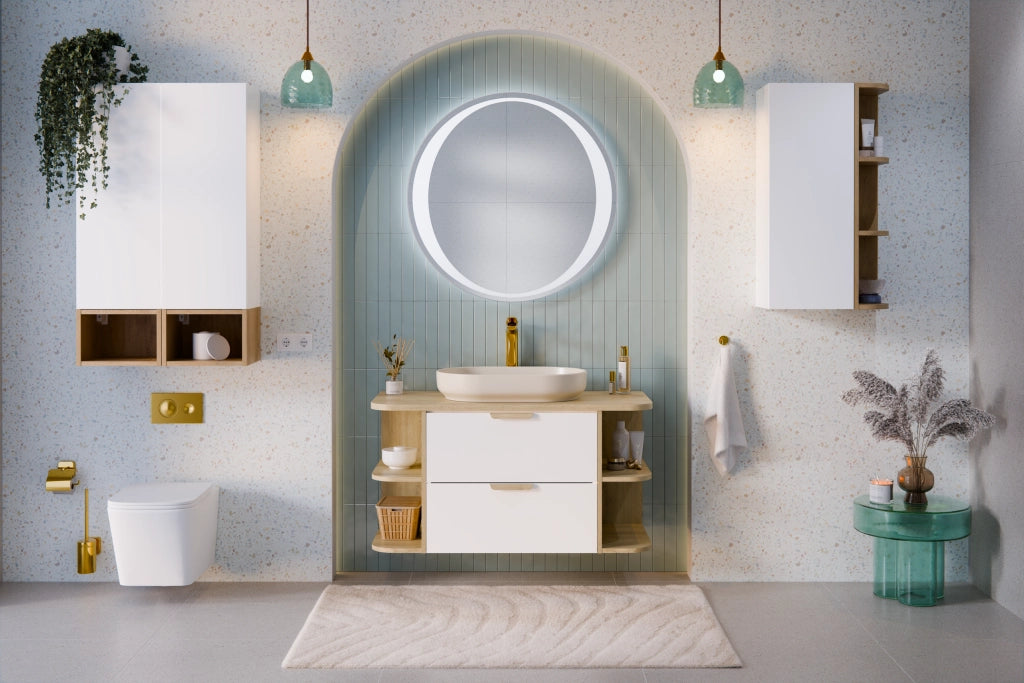 Set mobili bagno 120 cm con piano e lavabo da appoggio River Aster White 120 cm