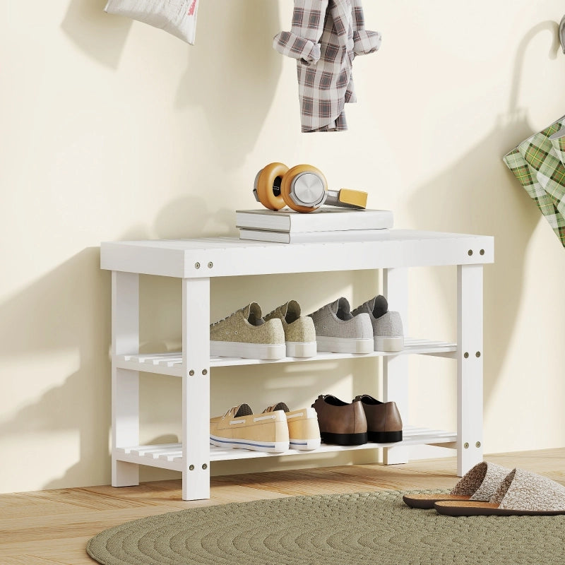 Panca porta scarpe in bamb¨´ con 2 ripiani, panca contenitore, per ingresso, 70x28x45 cm, bianca