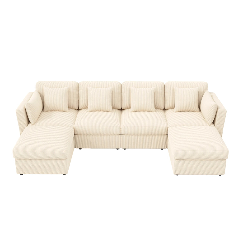 Divano angolare modulare con braccioli regolabili e 2 pouf mobili in tessuto a coste beige 290 × 159,5 × 89 cm