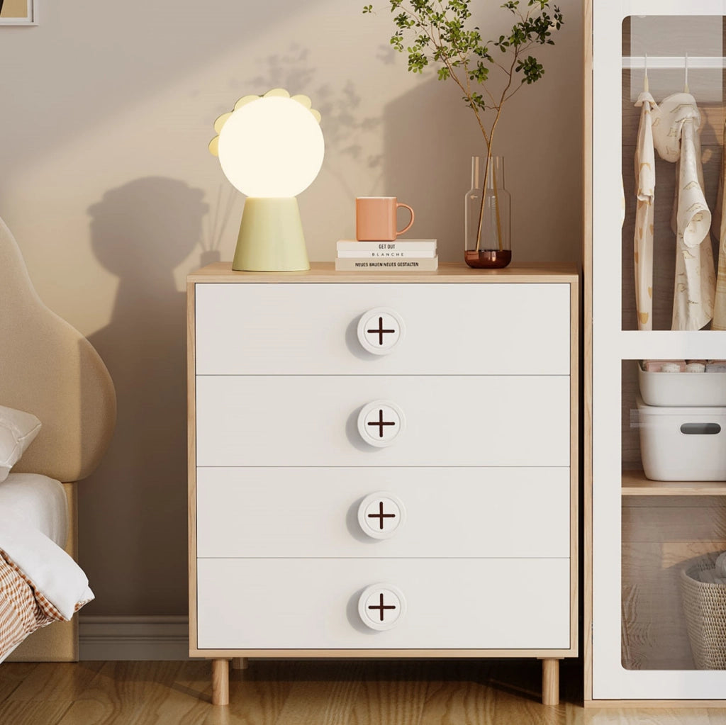 Comò bianco e effetto legno con 4 cassetti, 80×54×90 cm