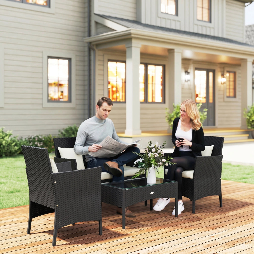 Set da Giardino 4Pezzi in Rattan con 2 Sedie, Poltrona da Giardino a 2 Posti e Tavolino Basso
