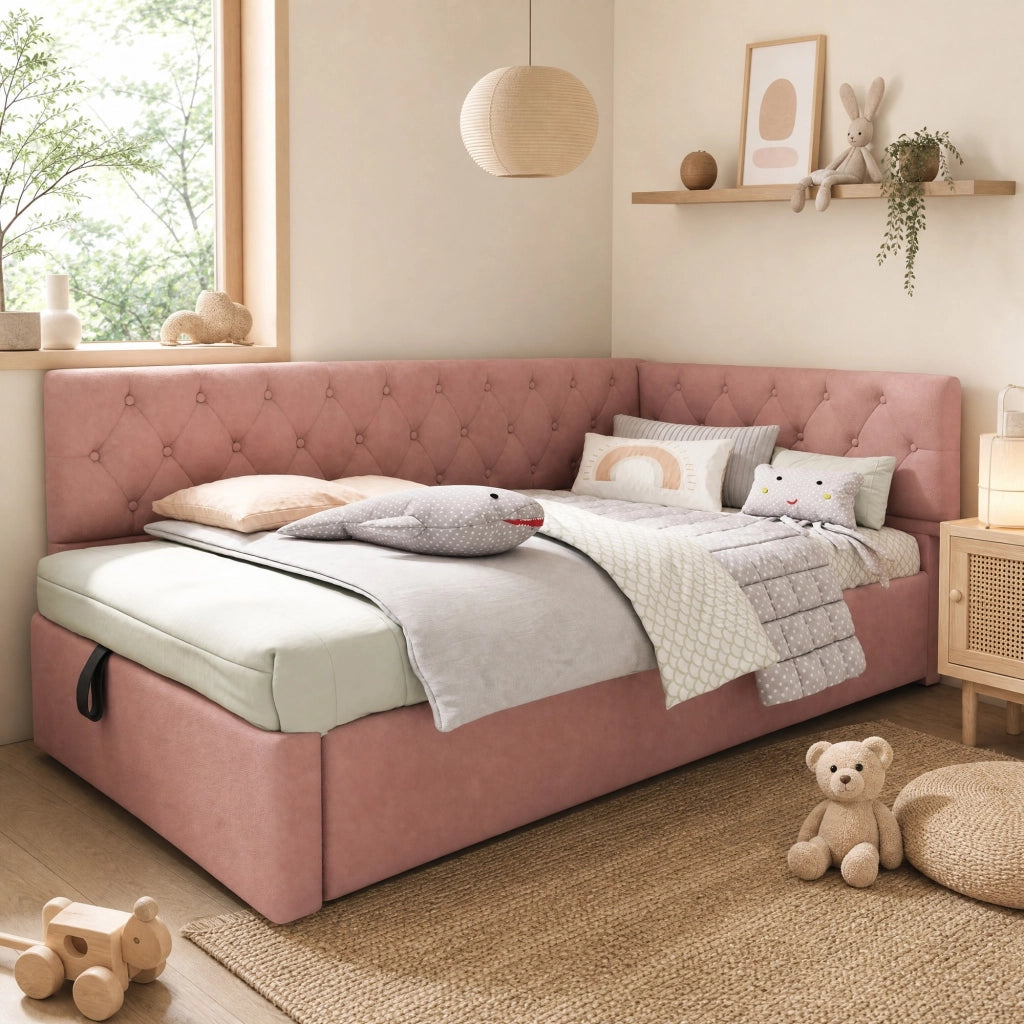 Letto singolo 90x200 cm in velluto rosa con contenitore idraulico, testiera reversibile e rete a doghe