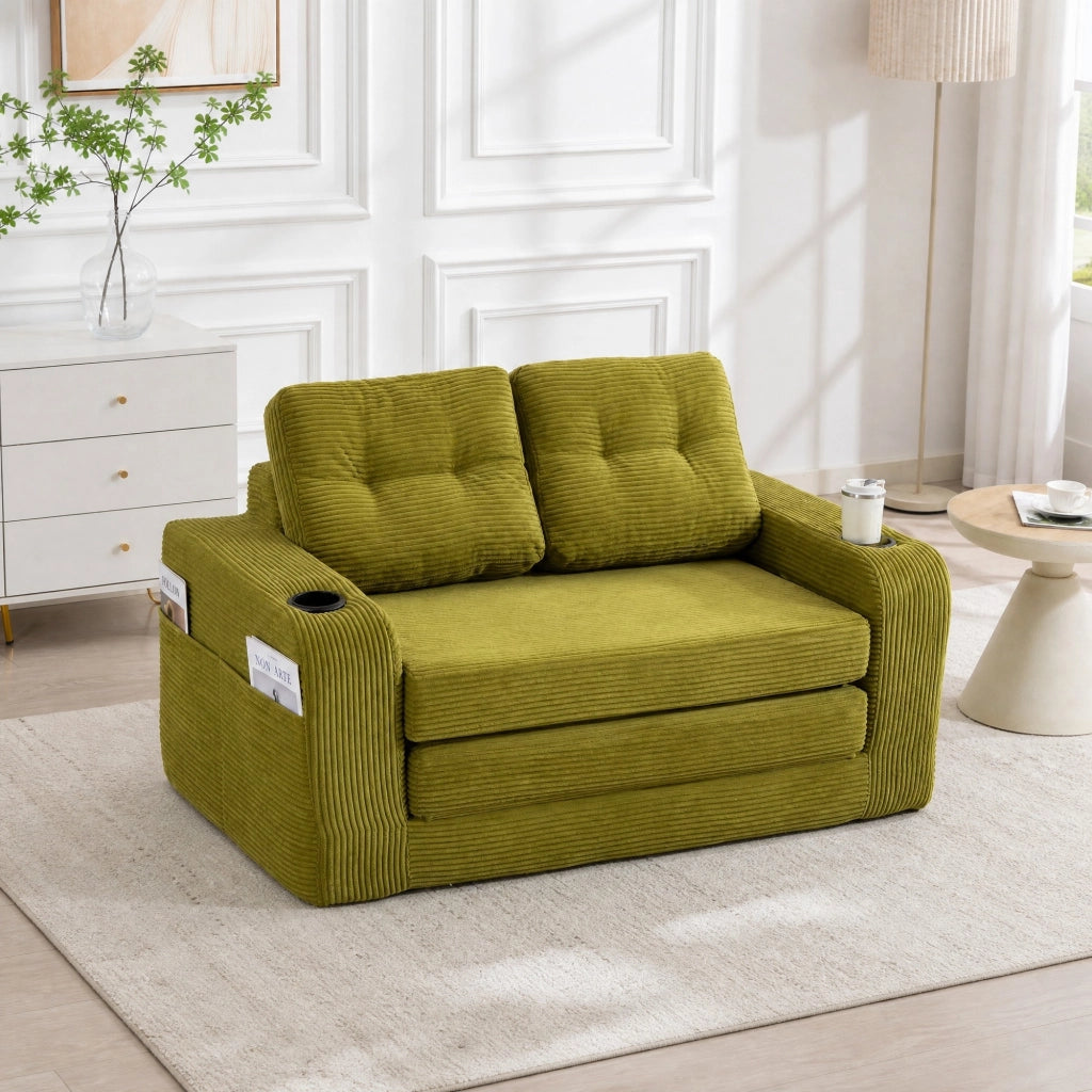Sofa modulare a 2 posti in tessuto corduroy verde oliva; 136x80x82;5 cm; con tasche laterali e portabicchieri