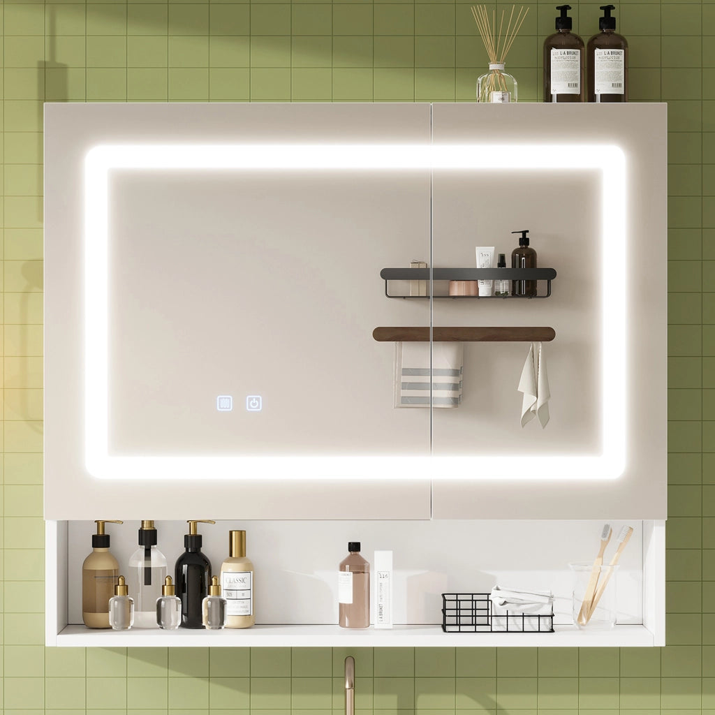 Mobile con specchio con 2 ante; 3 vani; LED e funzione antiappannamento per bagno; in MDF e vetro; bianco; 80×17×70 cm