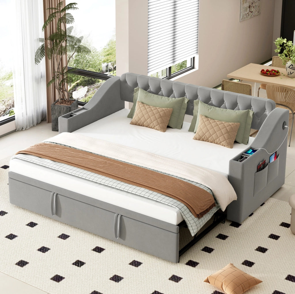 Divano letto imbottito estraibile in velluto grigio 90 x 190 cm