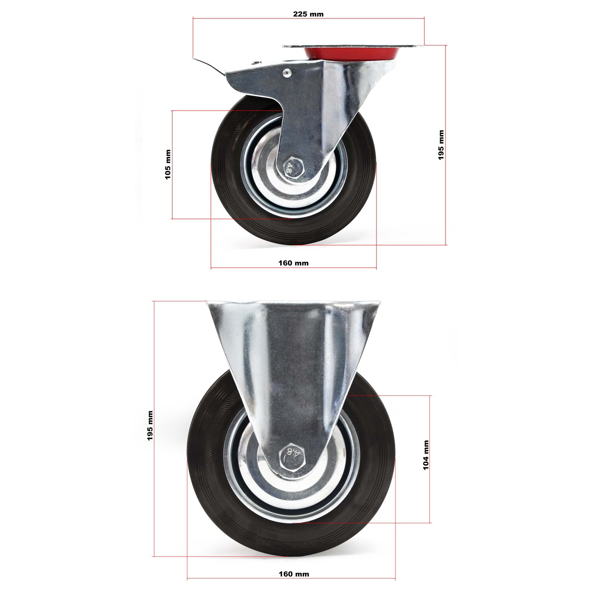 Set rotelle da trasporto 160 mm 2 ruote piroettanti con freno 2 fisse, nucleo in metallo, 130 kg a ruota