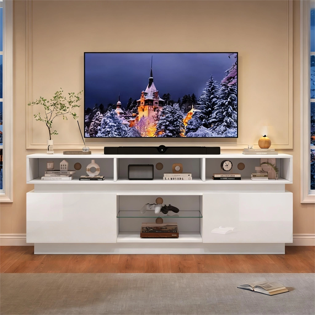 Mobile TV con LED ¨C MINIMAL ¨C Bianco Lucido, Vetro Temperato, 160x35x60 cm