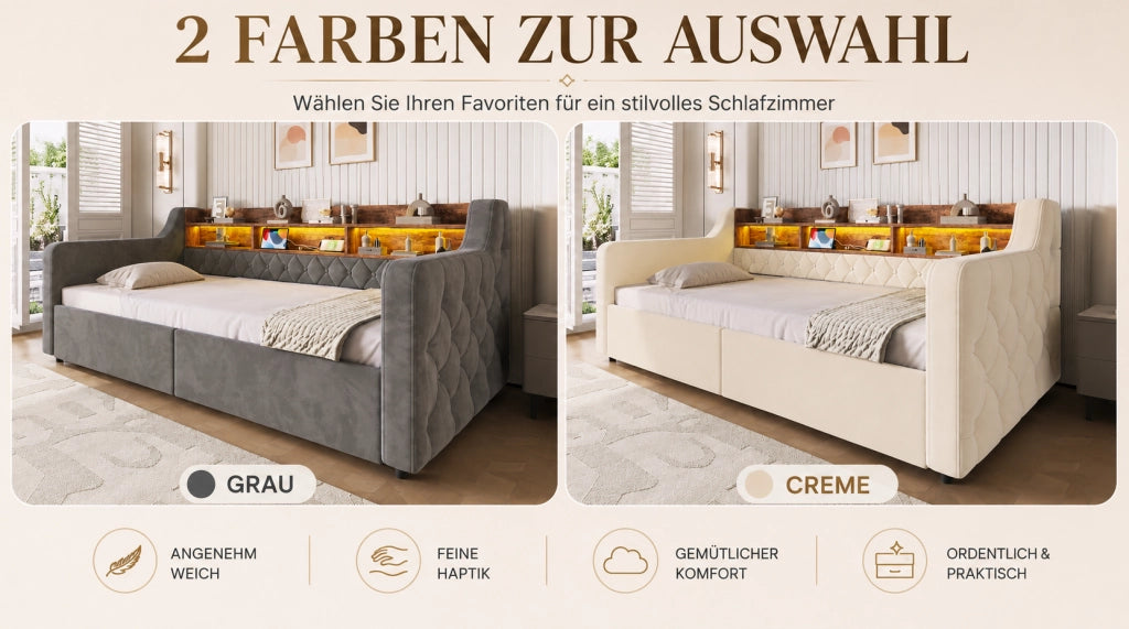 Letto singolo imbottito 90x190 cm con contenitore, LED integrato, porte USB e Type-C, testiera con ripiani e 2 cassetti beige