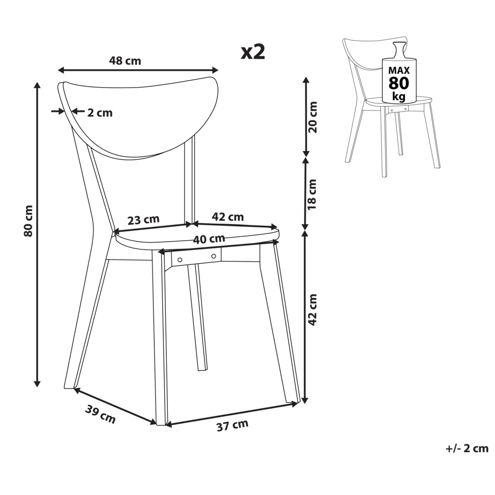 Set di 2 sedie da pranzo Seduta in MDF bianco Gambe in legno di gomma Schienale curvo senza braccioli
