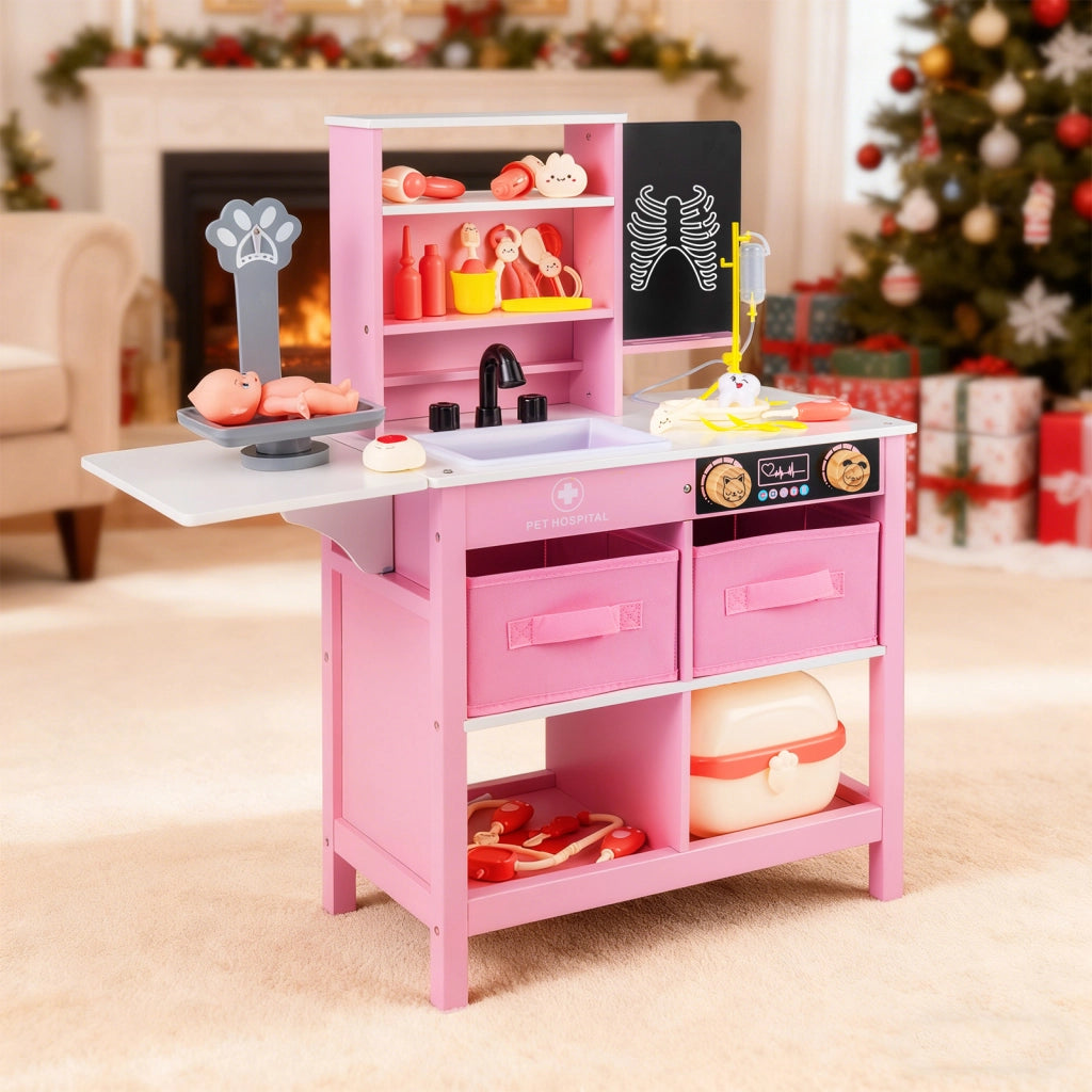 Set gioco medico legno centro medico lavagna bilancia animali rubinetto lavandino, Set ospedale tavolo pieghevole cassetti valigetta accessori Rosa