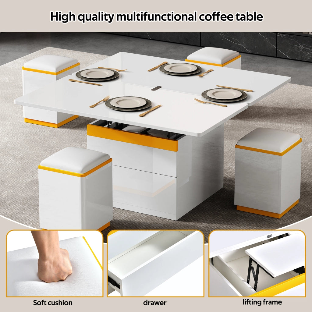OKWISH Tavolino da Salotto Alzabile con 1 Cassetto, Vani Aperti e 4 Sgabelli Contenitore, 100 x 50 x 43 cm