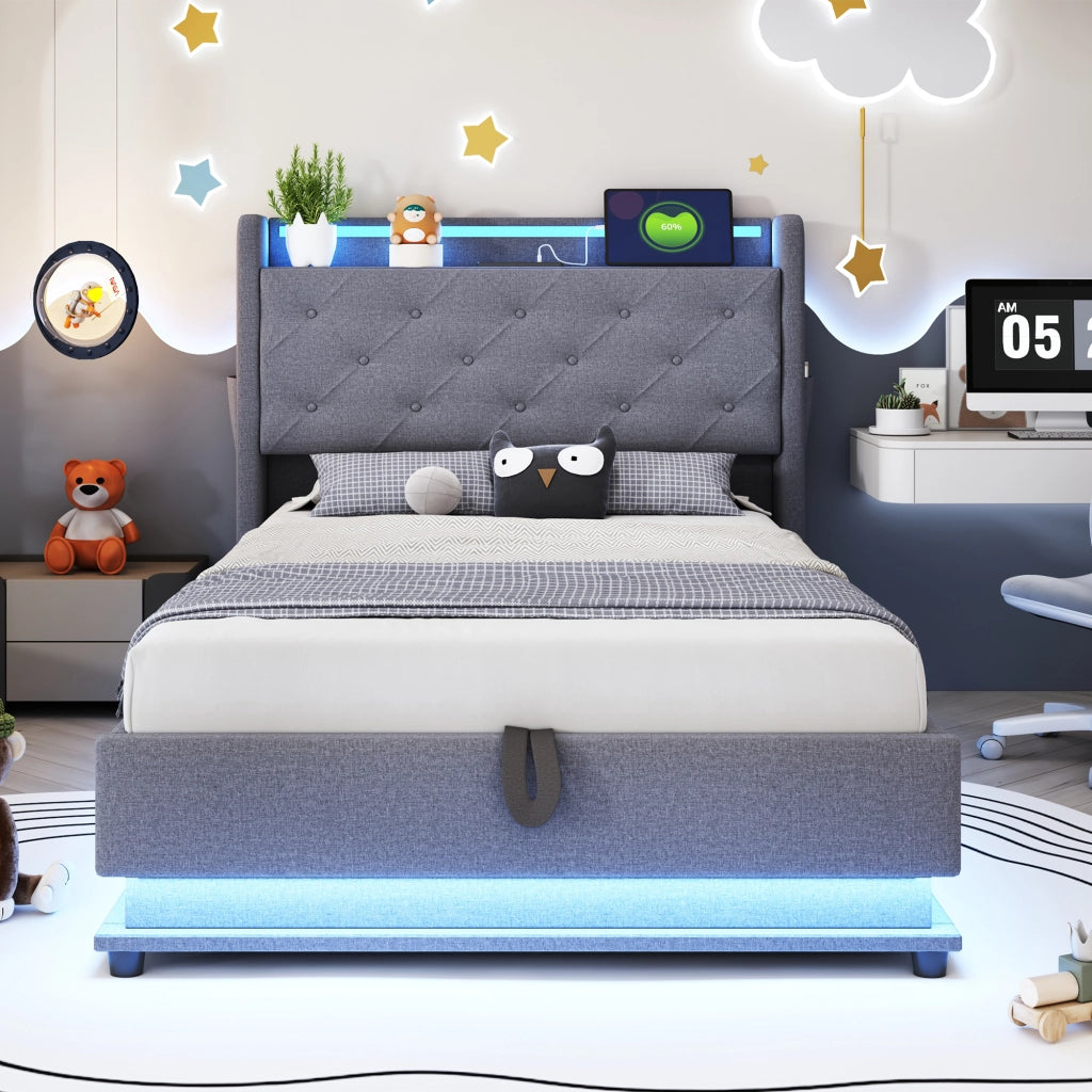 DESMIU Lit simple 90 × 200 cm con LED, USB, Type-C, vano idraulico e senza materasso, in lino, grigio