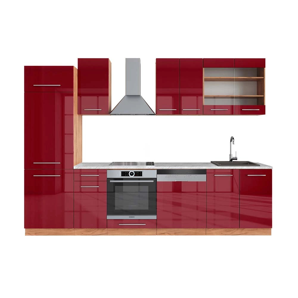Cucina componibile Fame-Line Bordeaux lucido/Rovere dorato 300 cm, PL Marmo Vicco
