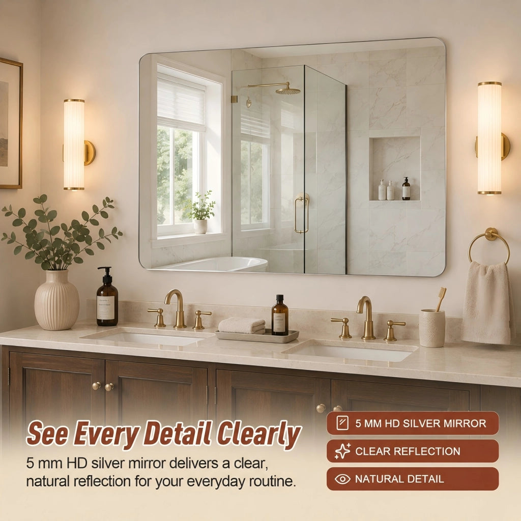 Specchio semplice senza cornice con angoli arrotondati R50, orientabile orizzontale o verticale in vetro argentato, argento 50 × 70 cm