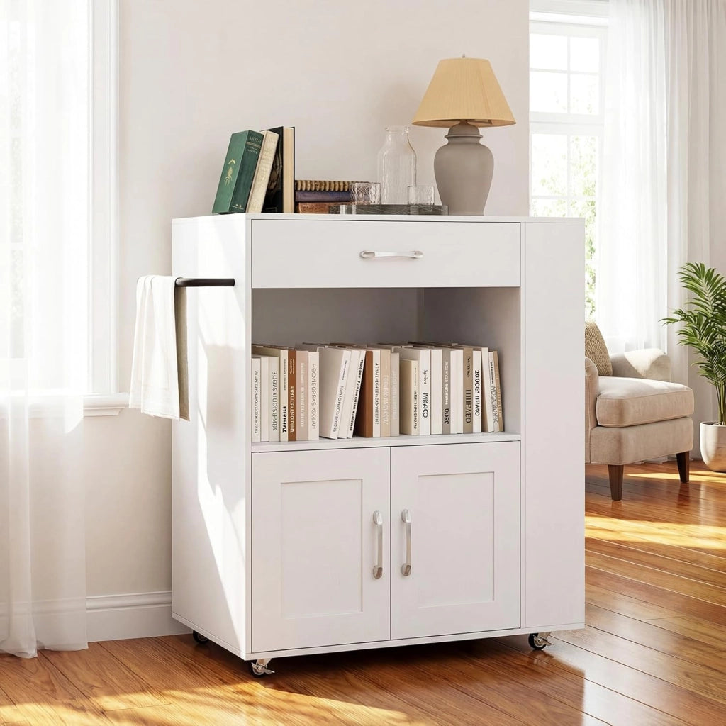 Carrello da Cucina con Ruote, Isola da Cucina con 3 Portaspezie 1 Cassetto Armadietto a 2 Porte, Carrello Portaoggetti con Portasciugamani, 82x46x92 cm (Bianco+bianco)