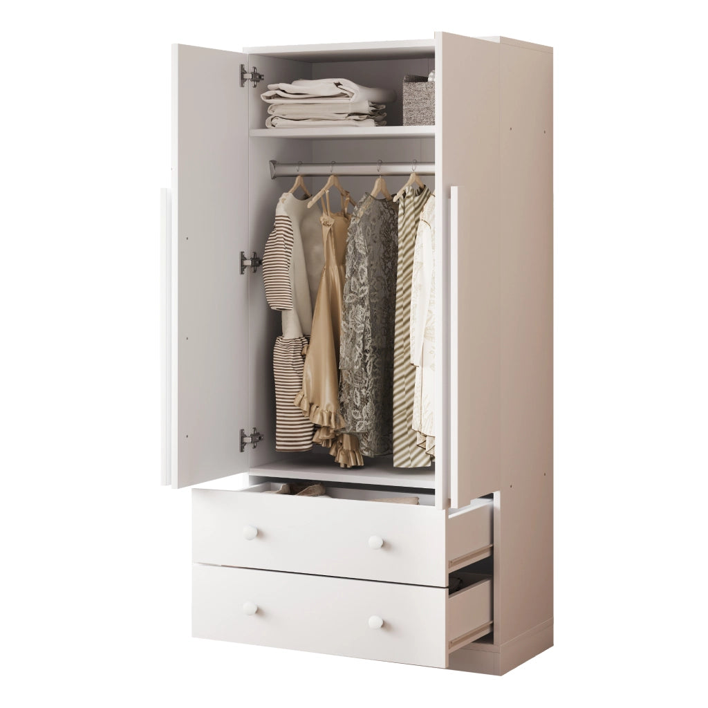 Armadio con 2 ante e 2 cassetti, 1 vano contenitore, per camera da letto, in legno, bianco, 70 × 40 × 170 cm