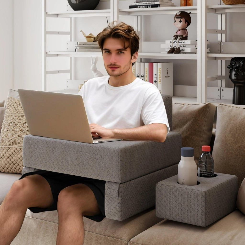 Cuscino a cuneo ergonomico con appoggio per braccia per letto e divano, Set 3 cuscini da lettura con portabicchieri Grigio