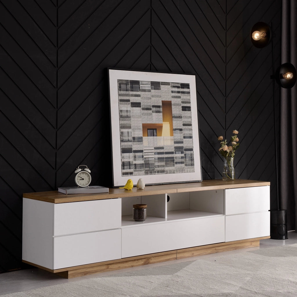 Mobile TV 180x38x46 cm bianco e colore legno in MDF con 5 ante e 2 vani aperti