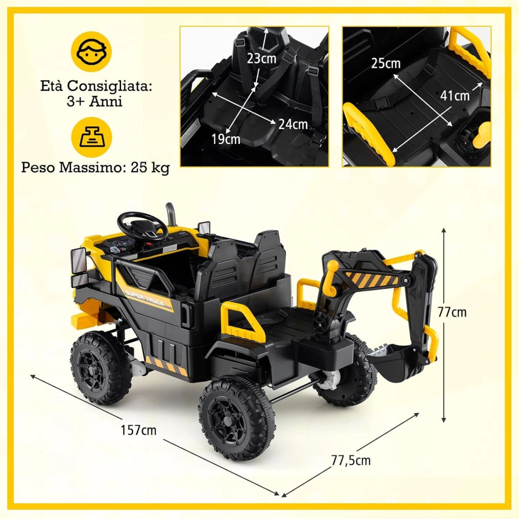 24V Escavatore Elettrico per Bambini, Veicolo da Costruzione 4WD con Telecomando, Musica, Luci, Braccio Scavante, Giocattolo Elettrico per Bambini 3 Anni+