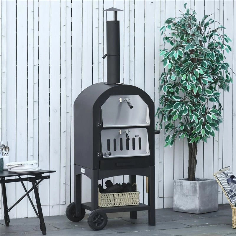 FORNO PER PIZZA E BARBECUE A CARBONE PORTATILE IN ACCIAIO CON CAMINO E RUOTE, 63X54X161 CM, NERO