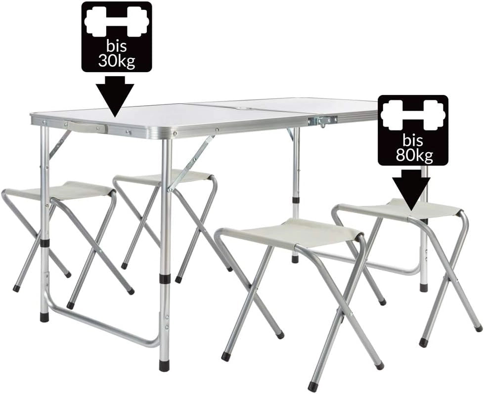 Set Mobili Campeggio Casaria Tavolo Pieghevole 4 Sgabelli Richiudibili Funzione Valigia Trasporto