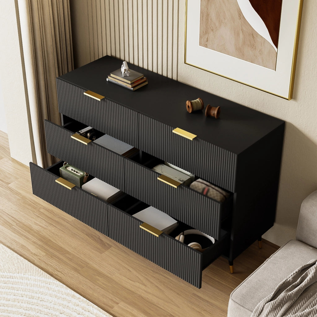 Sideboard in legno nero con finiture oro, 120x77x40 cm, 6 cassetti, design moderno