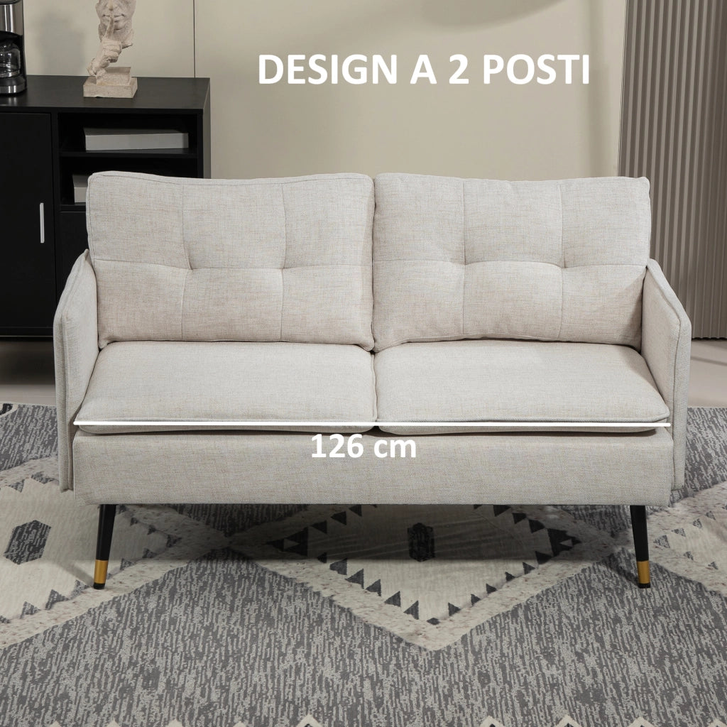Divano 2 Posti 139x68x80 cm con Cuscini Imbottiti in Tessuto Effetto Lino Bianco Crema