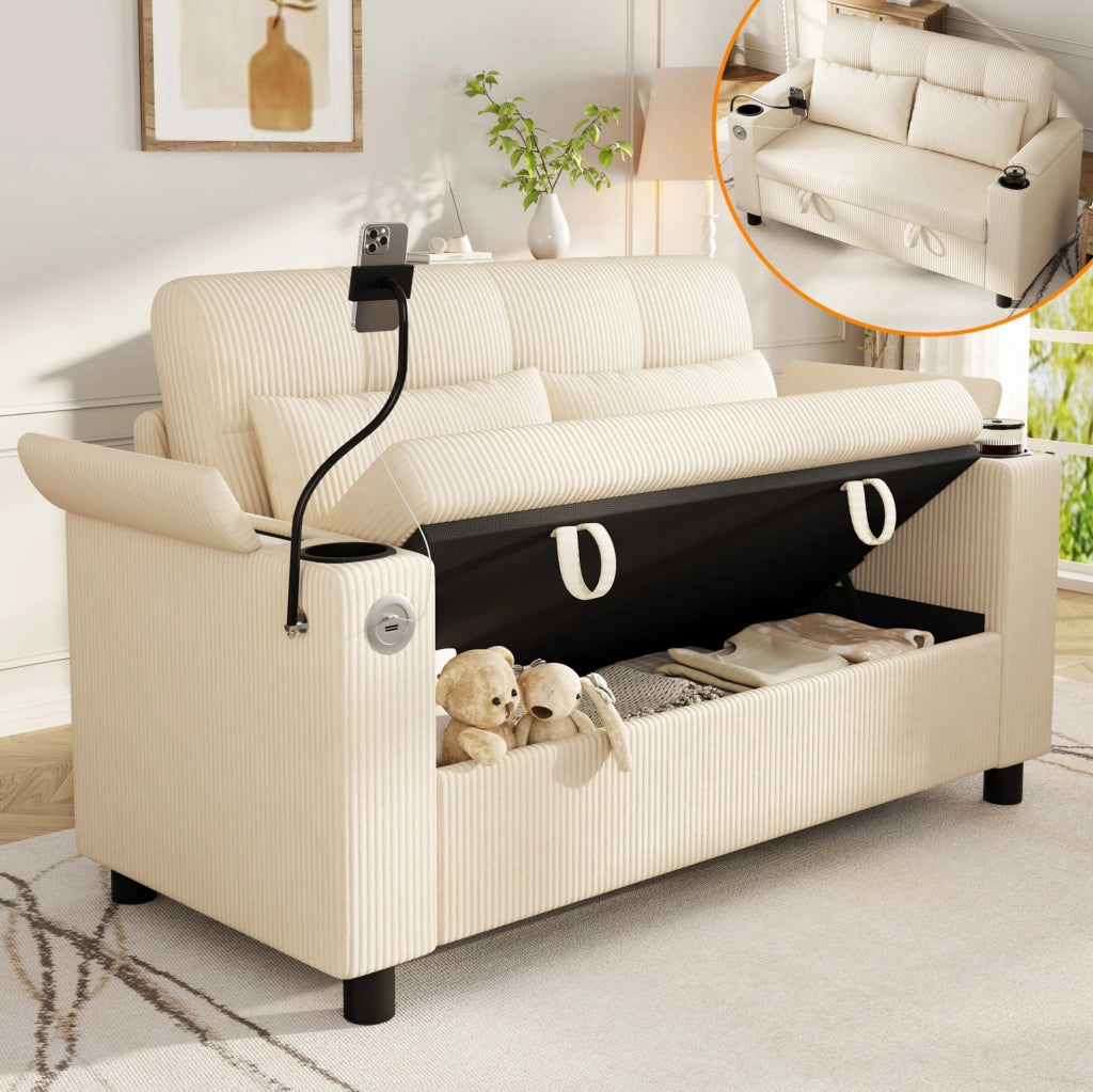 Divano 2 posti con contenitore; USB/Type-C e portabevande in velluto a coste beige HOMVRA