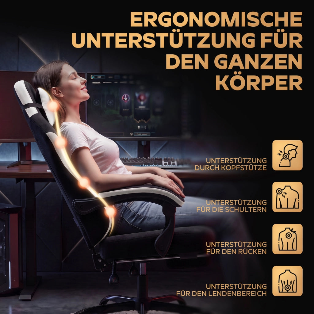 Sedia da gaming ergonomica in tessuto bianco e nero