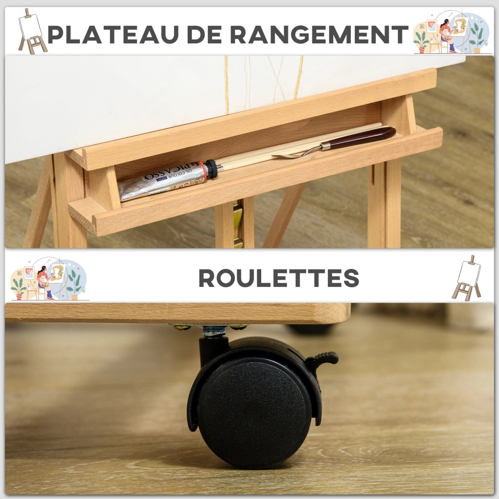 Cavalletto da pittura pieghevole con ruote in legno di faggio per tele fino a 118 cm ¨C Xylo ¨C legno naturale