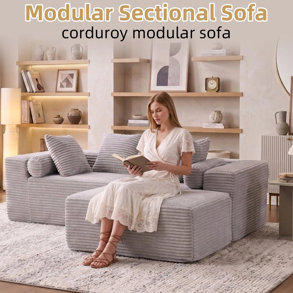 Divano modulare angolare con chaise longue senza montaggio in schiuma e molle grigio per soggiorno e appartamenti