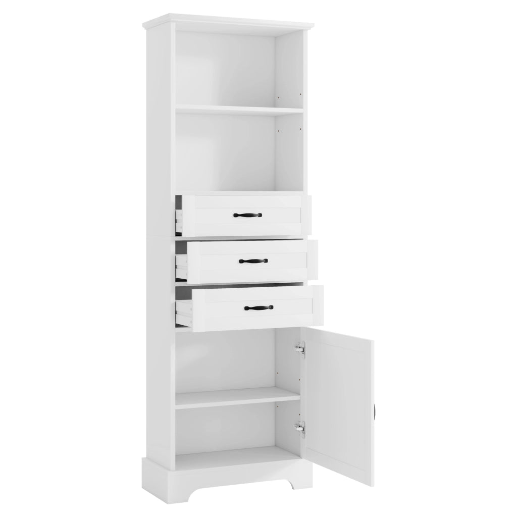 Mobile bagno bianco 56 x 25,6 x 167 cm in MDF laccato con 3 cassetti, vani a giorno e ripiano regolabile