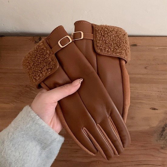 Guanti da donna con bordo di pelle, guanti invernali, caldi, senza dita in pelle PU con chiusura e pelo di lupo.
