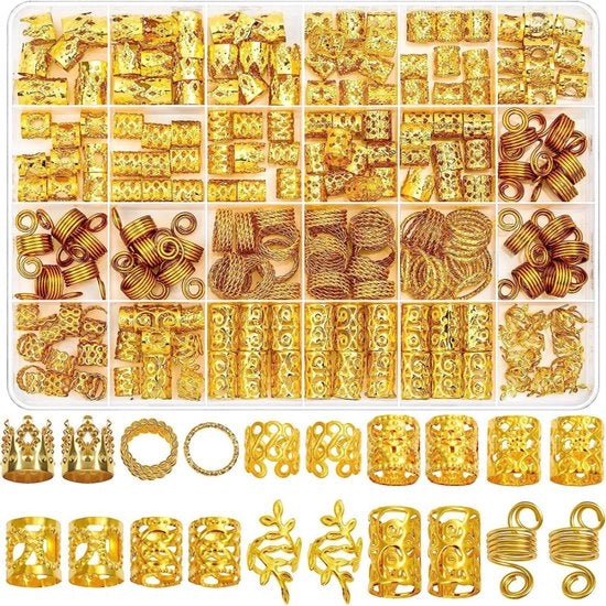 Accessori per Capelli in Oro - 220 Pezzi - Vleghi in Oro per Donne - Vlechi Metallici in Oro - Anelli per Capelli in Oro con Regolazione - Clip per Cuff per Accessori per Vlechi