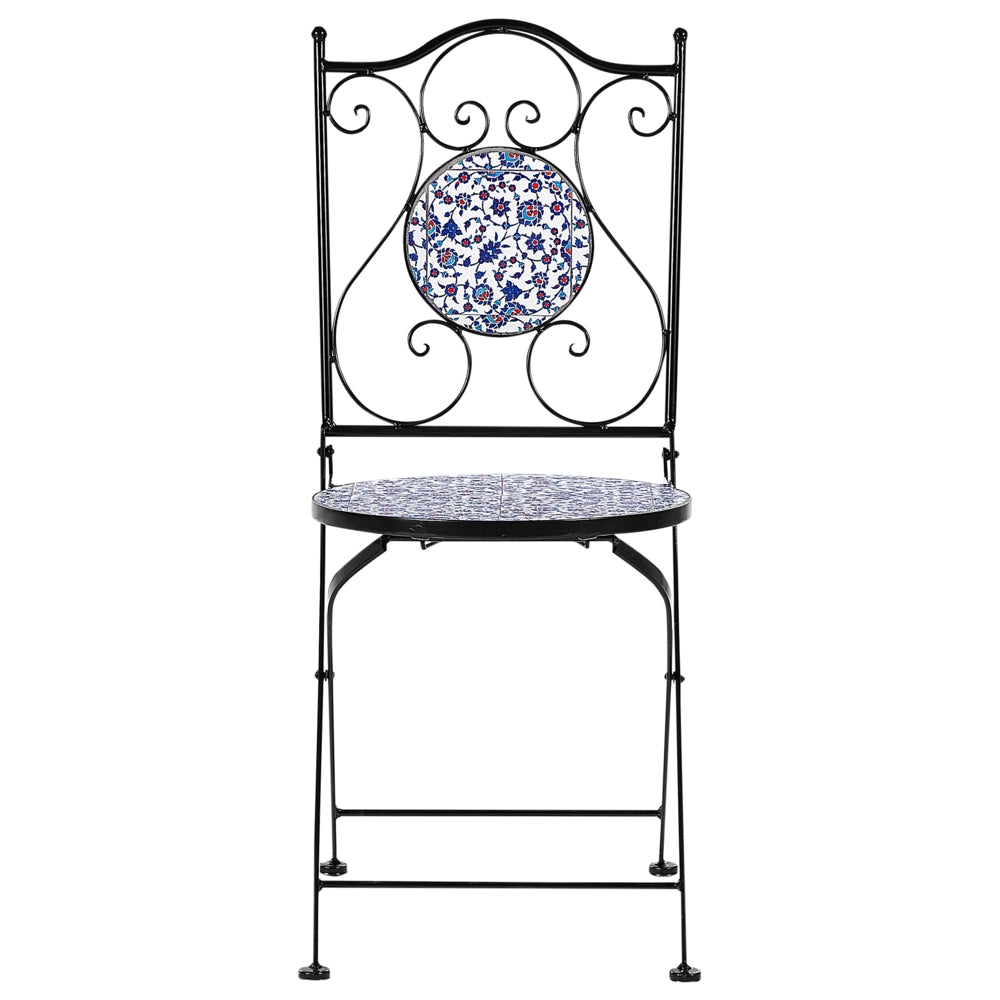 Set da bistrot da giardino in metallo nero con motivo a mosaico blu e telaio in ferro stile vintage