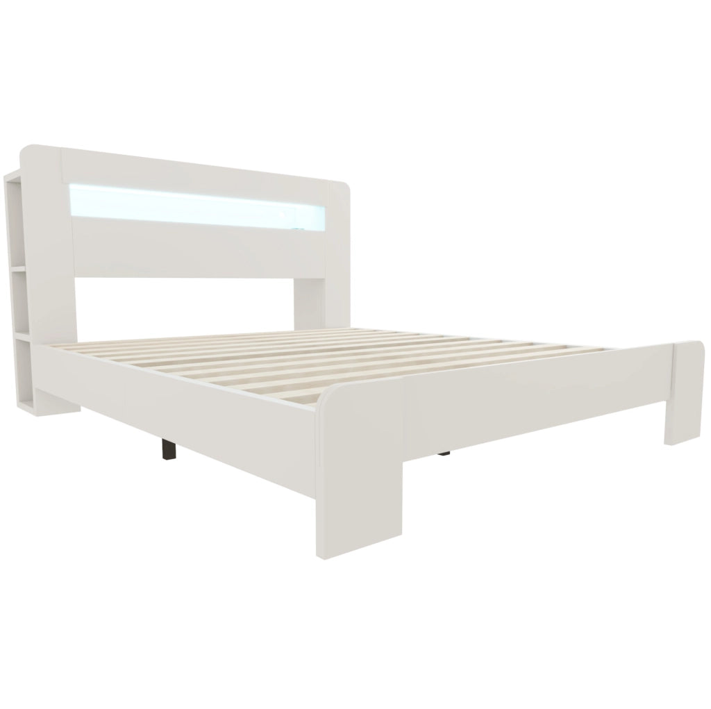 Letto 140x200 cm con contenitore e LED in legno bianco