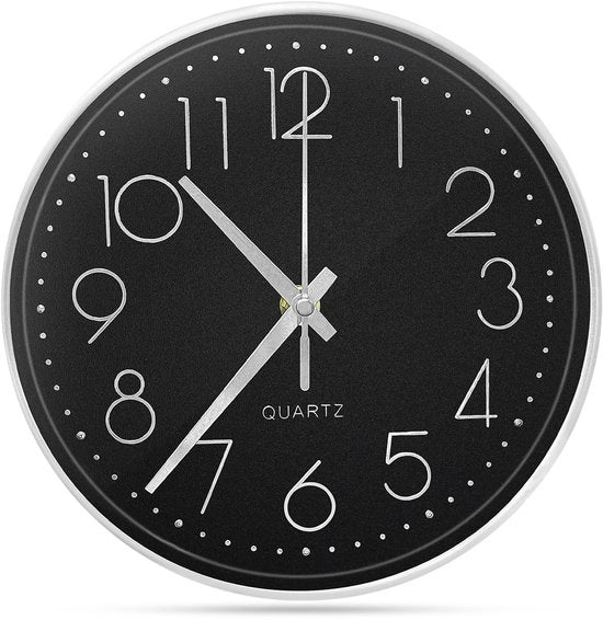 Orologio da parete circolare 20cm, orologio silenzioso senza ticchettio, 8 pollici orologio da parete moderno silenzioso con faccia nera, cornice in plastica e vetrata, per soggiorno, scuola, camera dei bambini