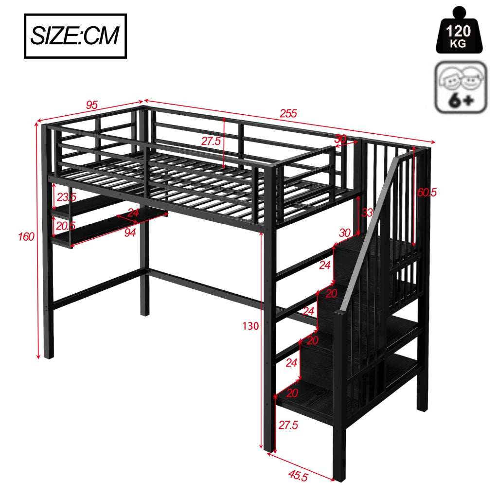 LETTO A SOPPALCO 90x200 cm con ripiani e scala contenitore, nero