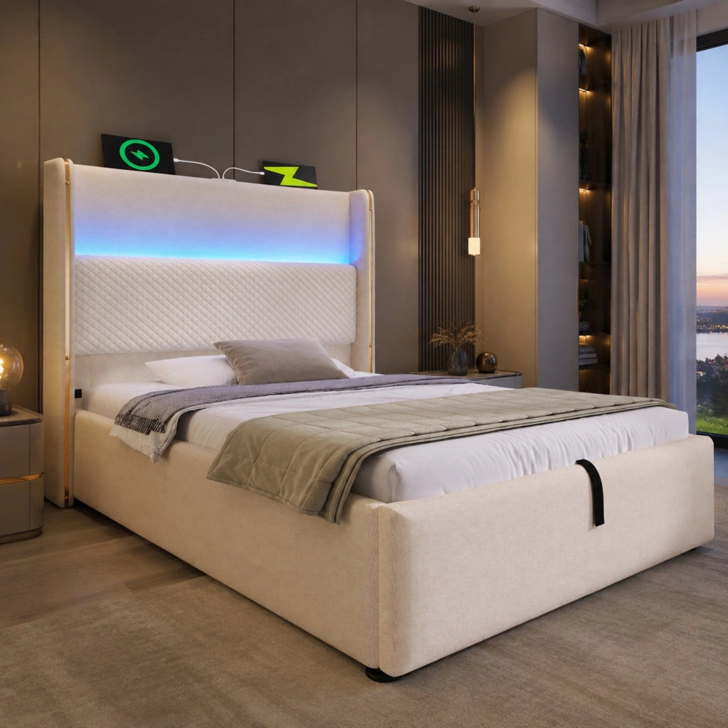 LETTO idraulico 90x200 cm in lino beige con LED, USB e Type-C