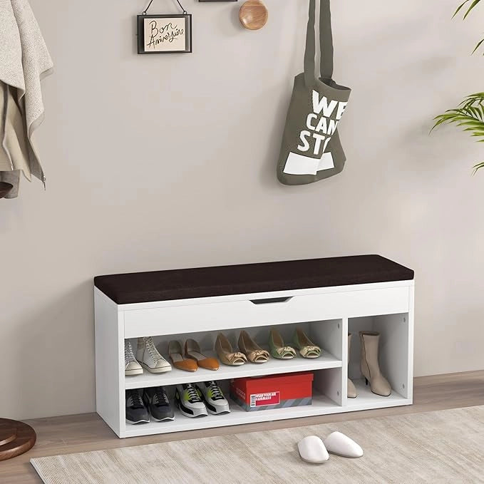 Scarpiera Panca con Cuscino, Scarpiera da Ingresso Salvaspazio, Panca Contenitore per Ingresso Corridoio, 104x30x48 cm, Carico 150 kg (Bianco)