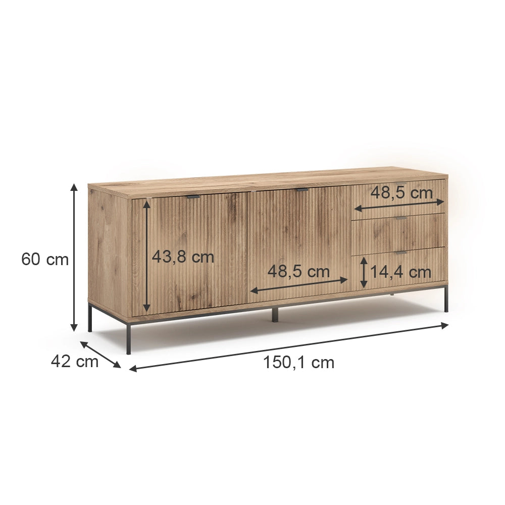 Vicco Tavolo basso Quercia vichinga 150.1 x 60 cm con 3 cassetti, 2 ante