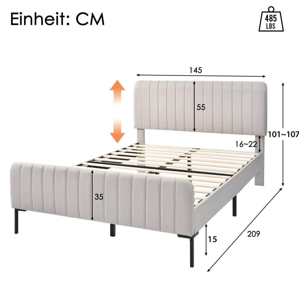 Letto matrimoniale imbottito 140x200 cm in lino grigio-beige con testiera regolabile