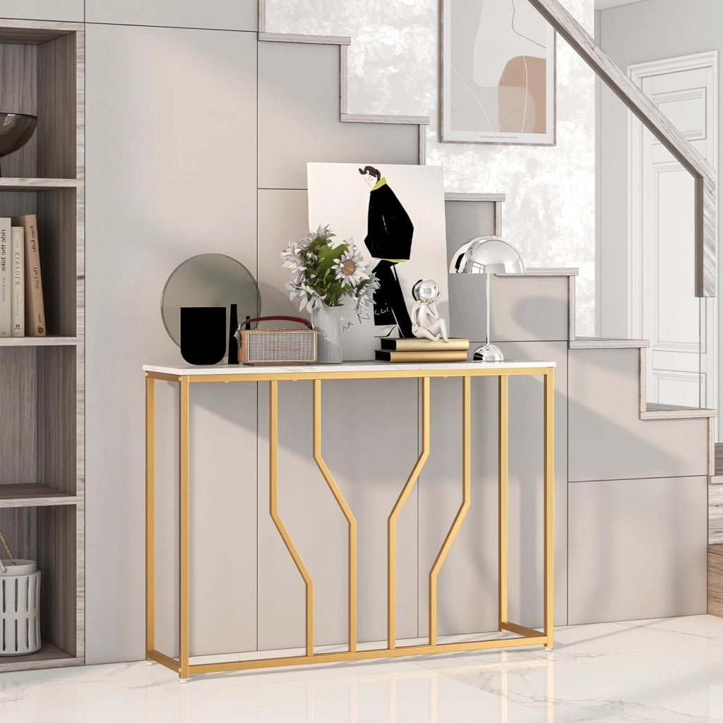 Tavolo Consolle Effetto Marmo, Tavolo d'ingresso con Struttura Geometrica in Metallo, Tavolino da Divano Bianco Oro, 110x30x80 cm