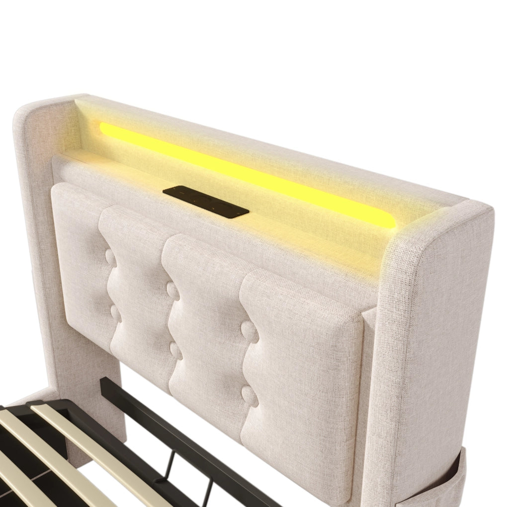 Letto singolo 90x200 cm imbottito in tessuto cotone e lino; con LED; USB e contenitore; beige
