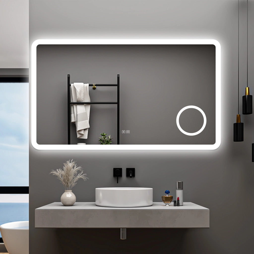 AICA Specchio da bagno  120 x 70 cm, dimmerabile, Blue tooth, Funzione Memoria, antiappannamento, 3 colori, Magnificatore