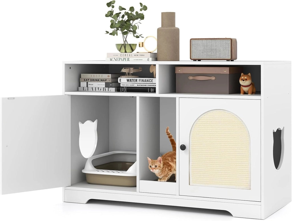 Mobile per Lettiera per Gatti, Cassetta per Gattini con Ripostiglio, Doppie Stanze, Tavola da Graffiare e 2 Tappetini in Sisal, Cuccia per Gatti da Interno, 76 x 53 x 74 cm