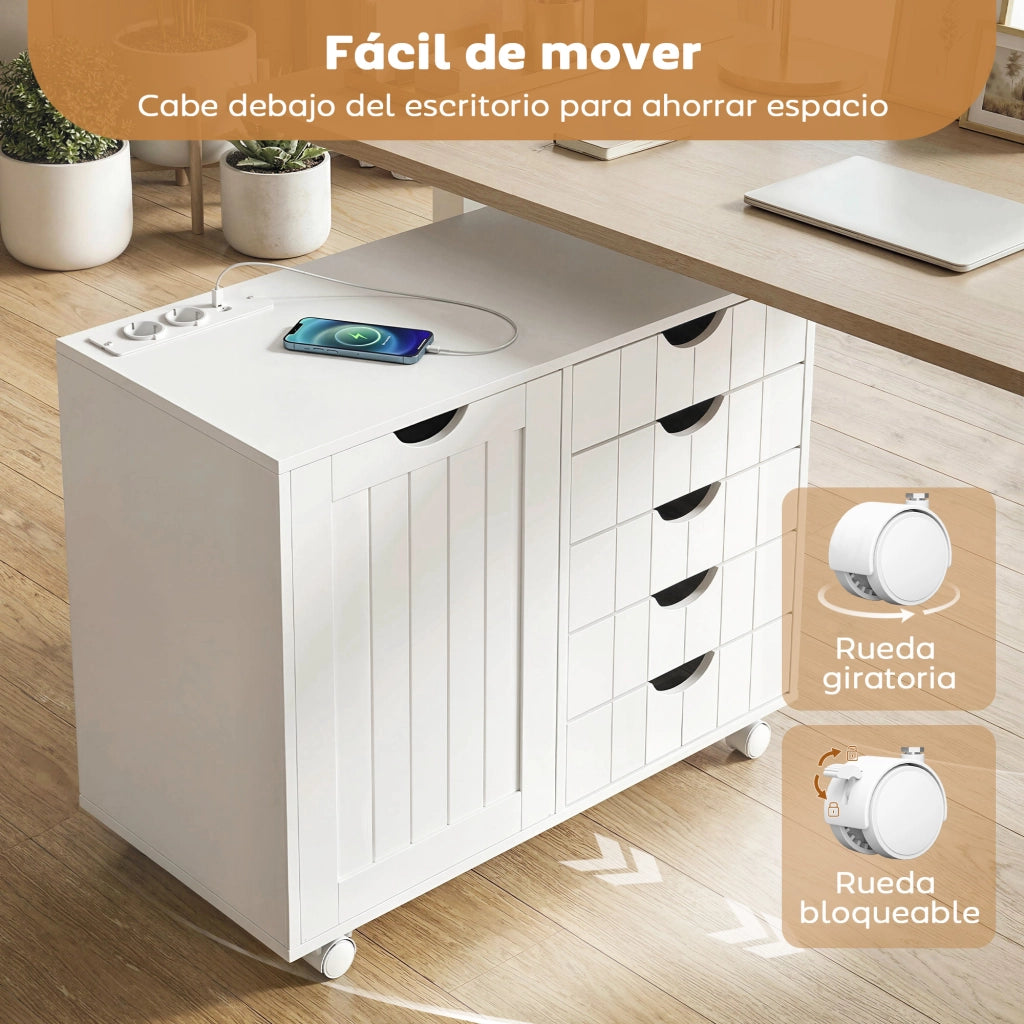 Scrivania Computer con Cassettiera Mobile ¨C Xylo ¨C 5 Cassetti Porta USB Ripiano Regolabile Ruote Bianco