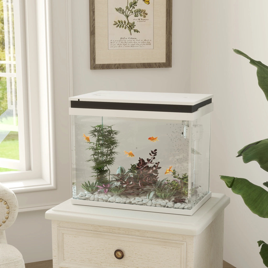 Acquario, acquario in vetro da 41 litri con sistema di filtraggio, luci a LED, pompa dell'acqua, acquario compatto per varie specie di pesci, bianco